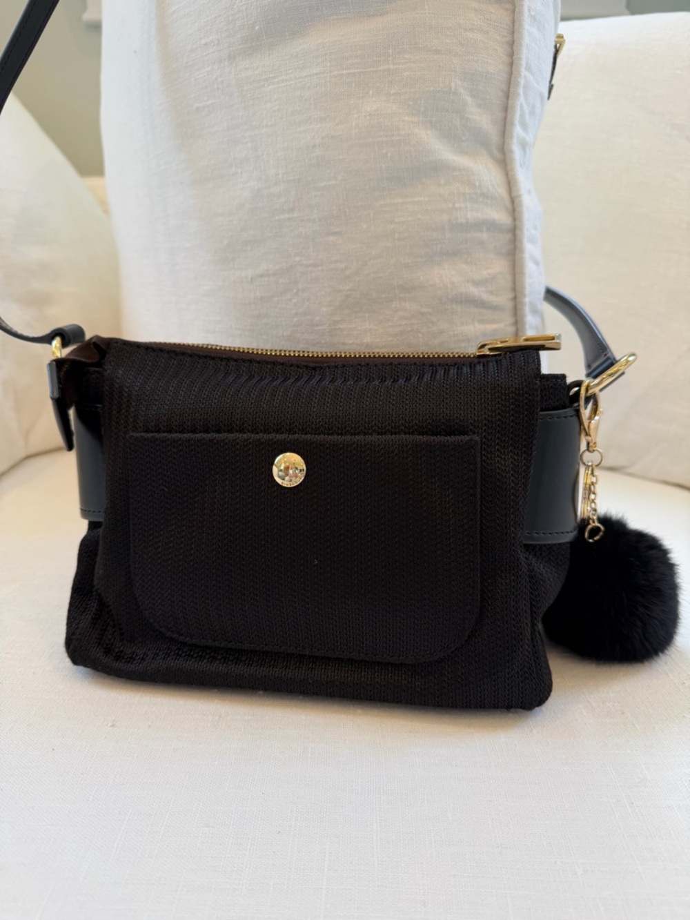 Everyday Black Crossbody with Gold Hardware and Pom Charm